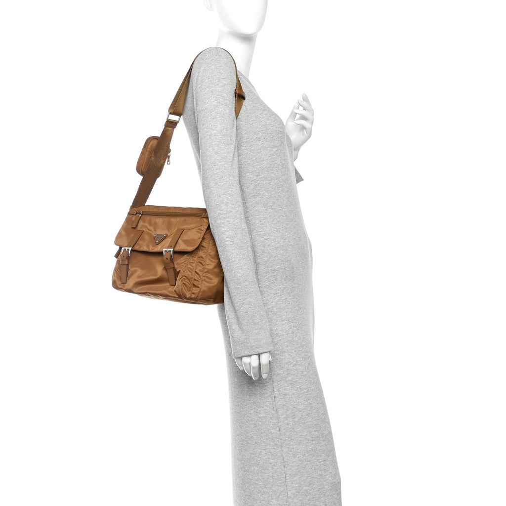 Re-Nylon Vela Saffiano Pocket Double Buckle Messenger Shoulder Bag Brandy