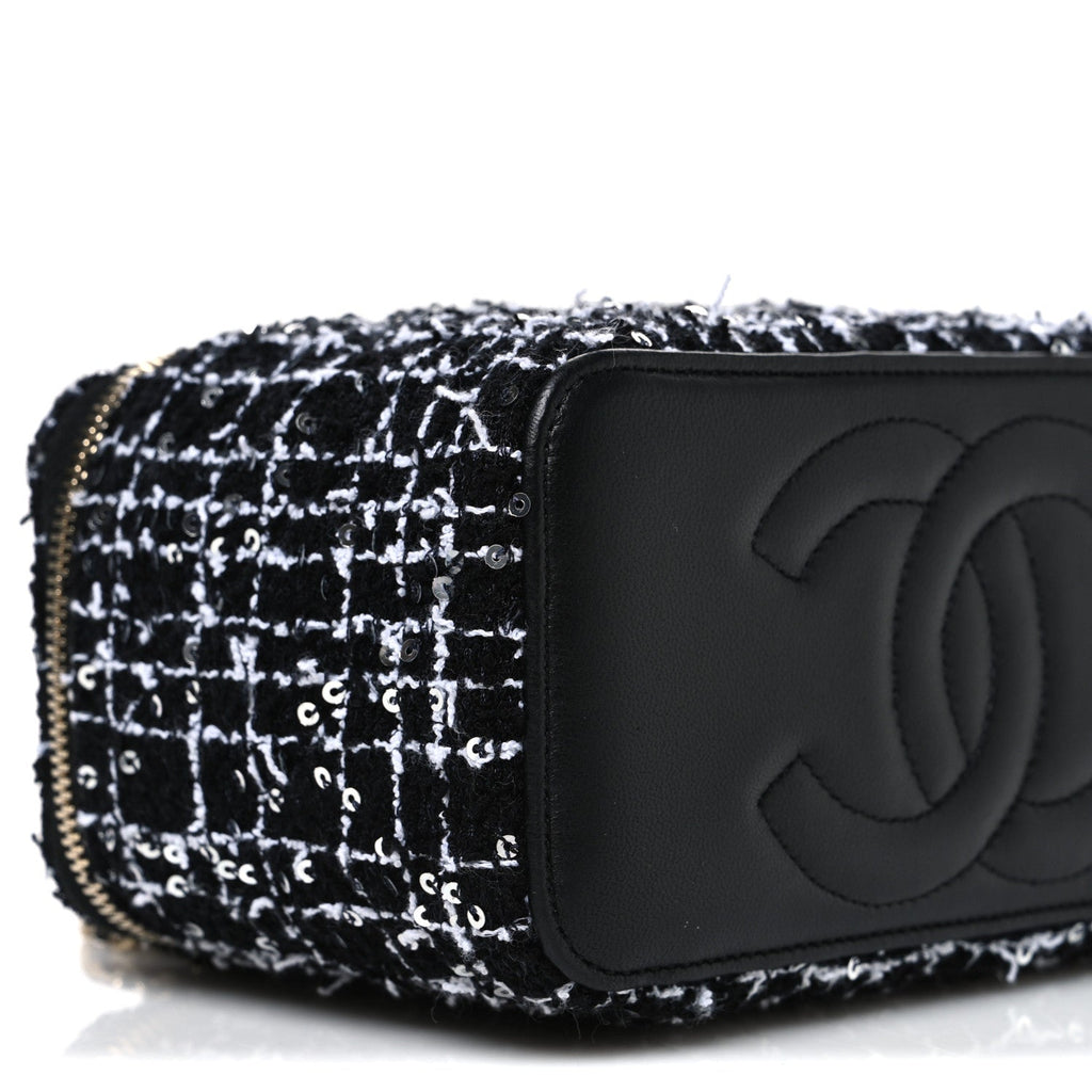 Tweed Sequin Small Top Handle Vanity Case With Chain Black White