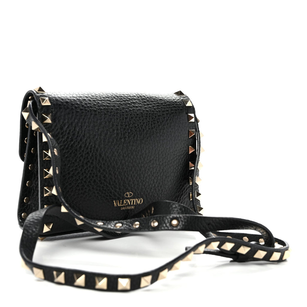Pebbled Calfskin Rockstud Flip Lock Crossbody Bag Black