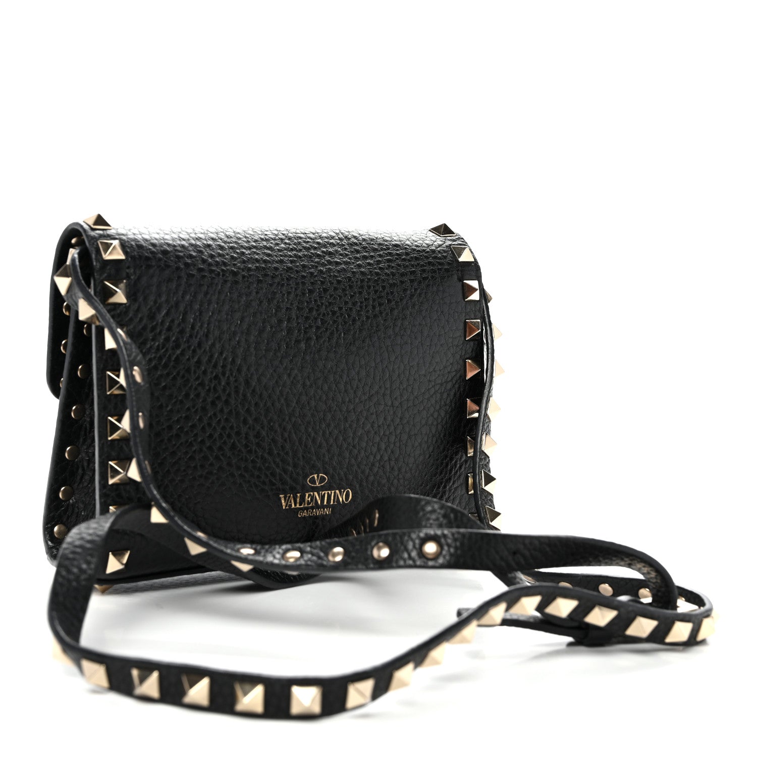 Pebbled Calfskin Rockstud Flip Lock Crossbody Bag Black