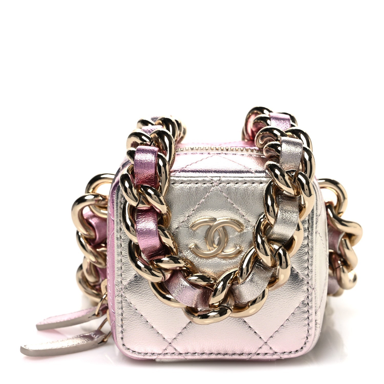Gradient Metallic Lambskin Quilted Like A Wallet Clutch With Chain Gold Pink