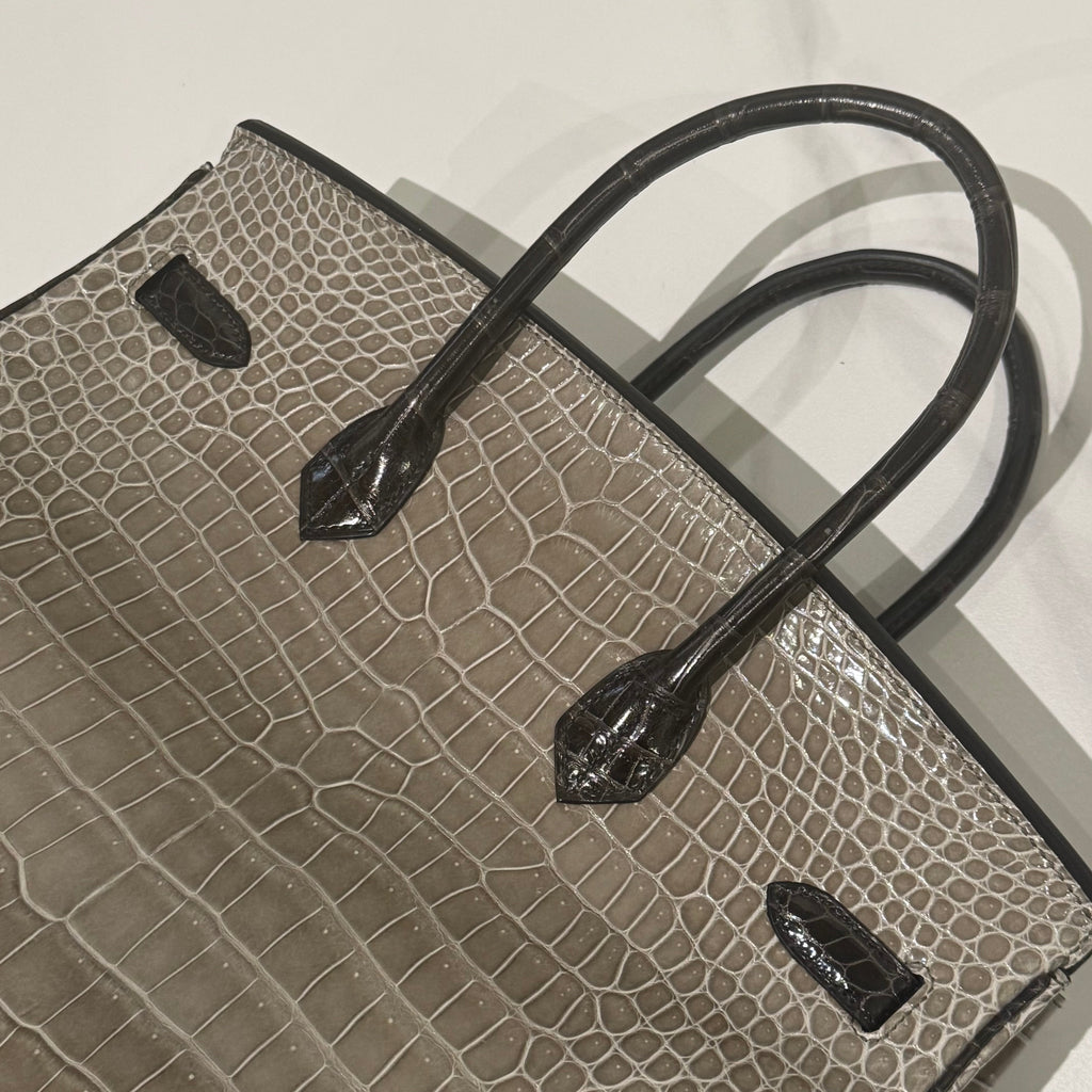 HERMÈS BIRKIN 35 GRIS TOURTERELLE CROCODILE POROSUS LISSE WITH BLACK HANDLE & PALLADIUM HARDWARE FULL STICKERS STAMP Y