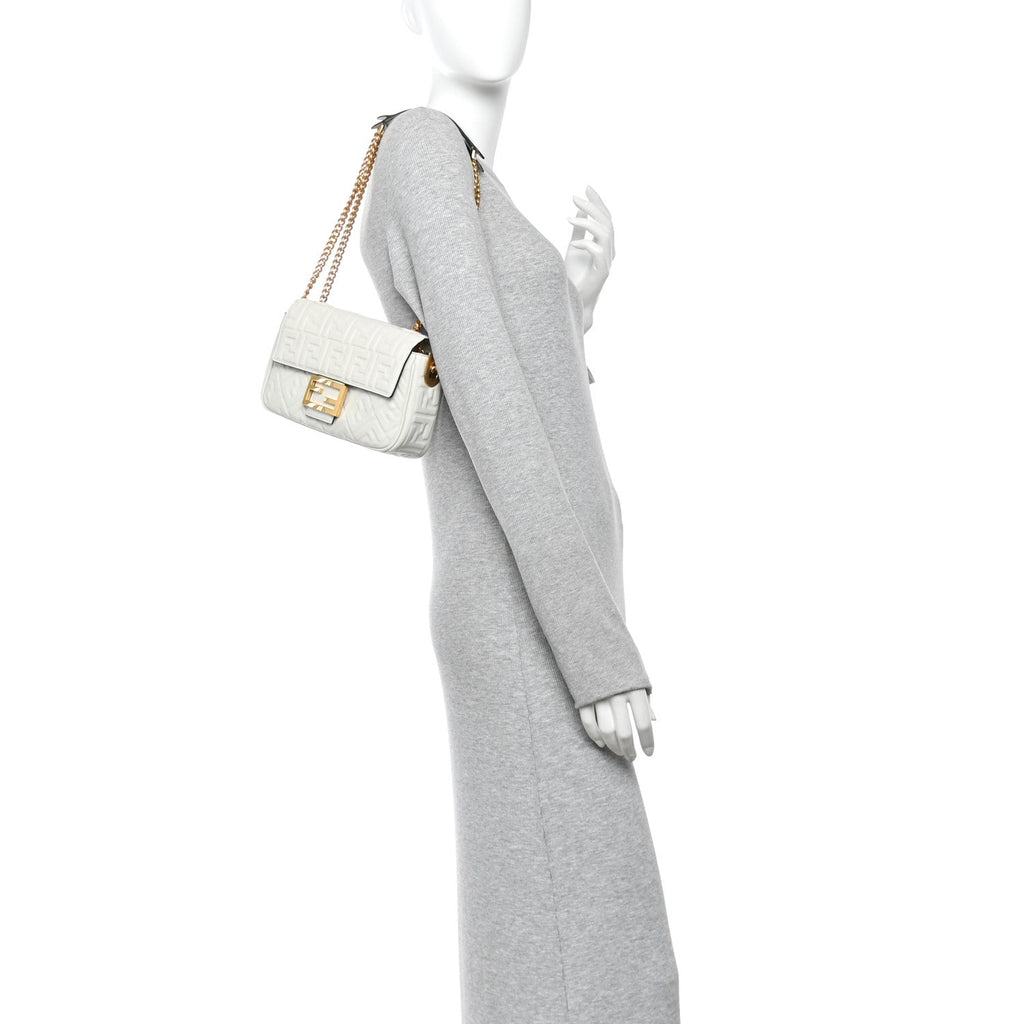 Nappa Small FF Embossed Midi Chain Baguette White