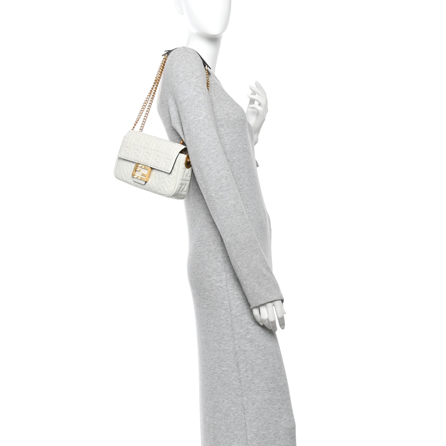 Nappa Small FF Embossed Midi Chain Baguette White