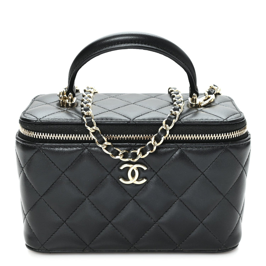 Lambskin Quilted Small Top Handle Vanity Case With Chain Black