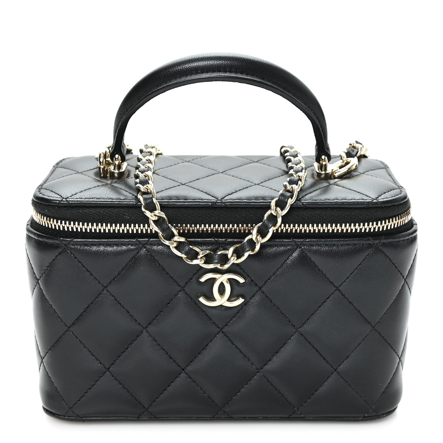 Lambskin Quilted Small Top Handle Vanity Case With Chain Black