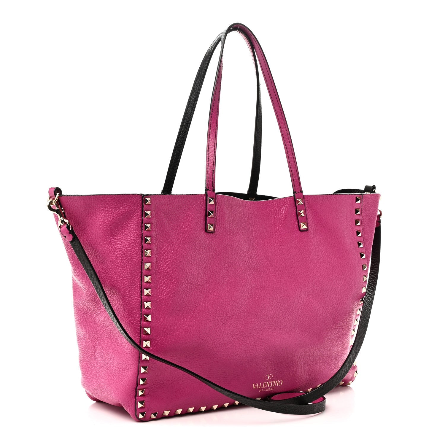Grained Calfskin Medium Rockstud Reversible Tote Black Rose Violet