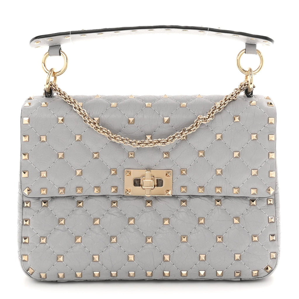 Craquele Nappa Medium Rockstud Spike Shoulder Bag Pastel Grey