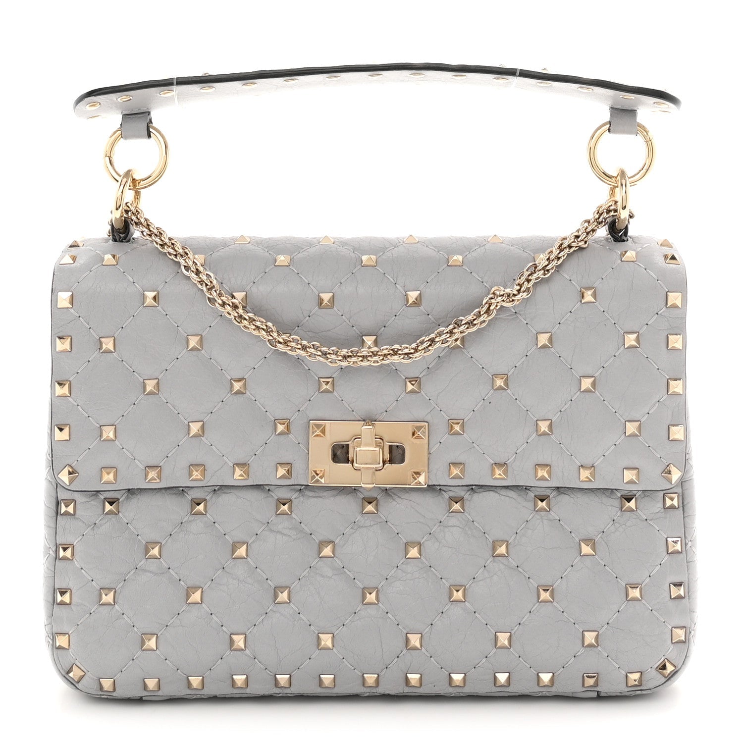 Craquele Nappa Medium Rockstud Spike Shoulder Bag Pastel Grey