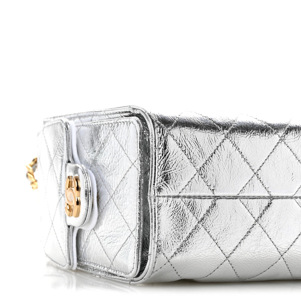 Metallic Aged Calfskin Quilted Mini Chanel 25 Handbag Silver