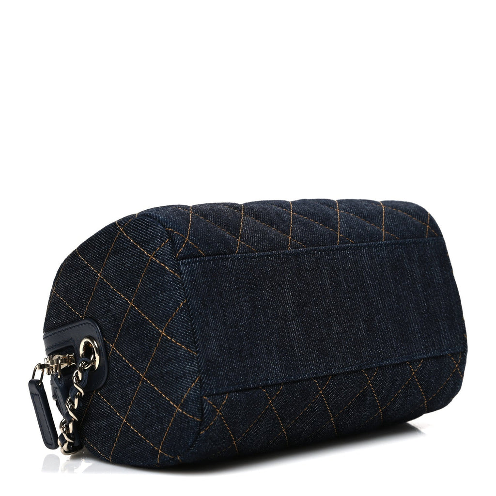 Denim Quilted Barrel Clutch With Chain Dark Blue Orange