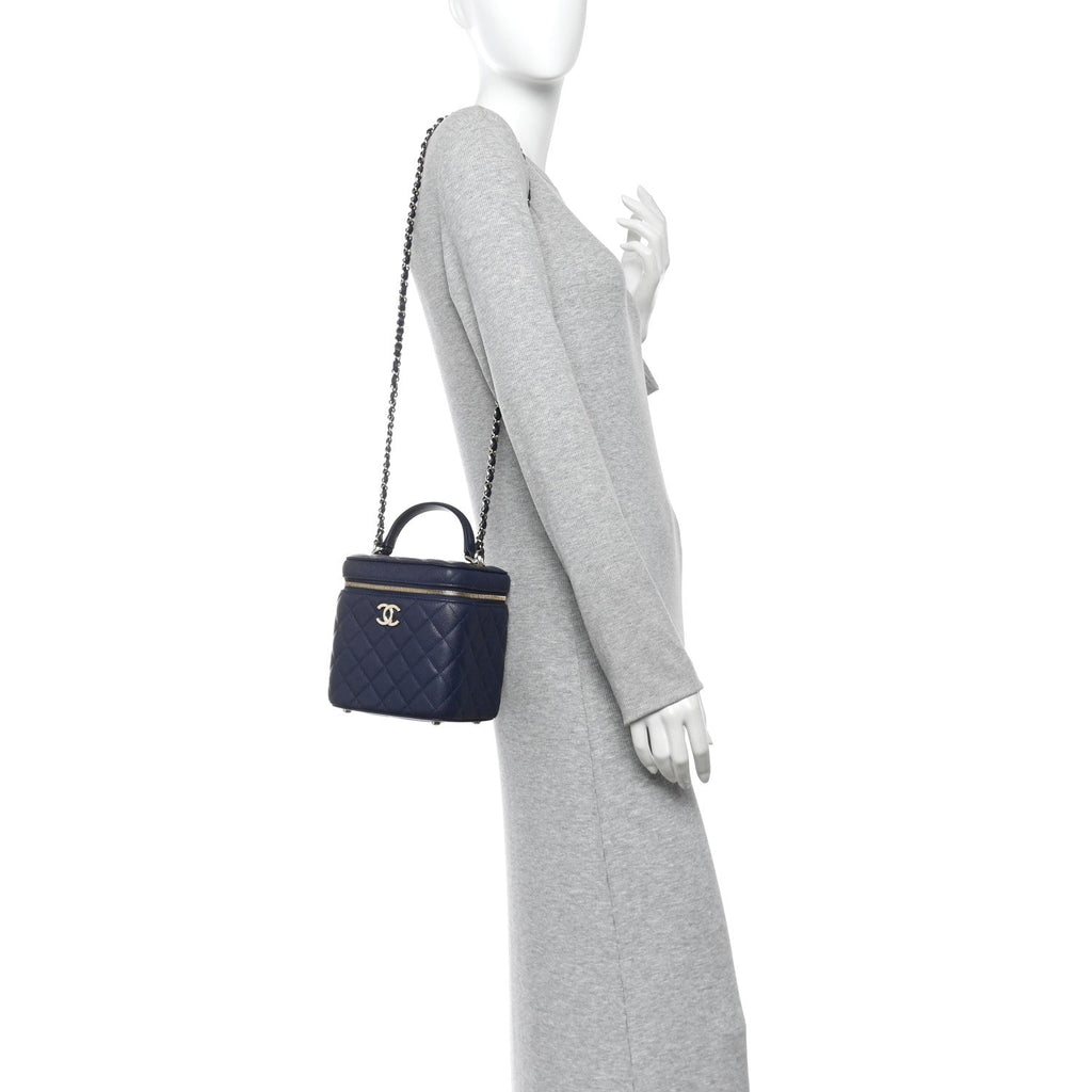 Caviar Quilted Small Top Handle Vanity Case With Chain Navy Blue