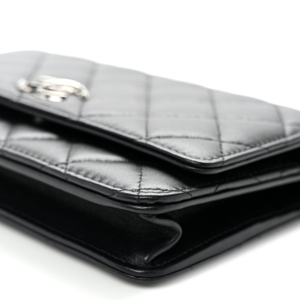 Lambskin Quilted Enamel CC Wallet on Chain WOC Black