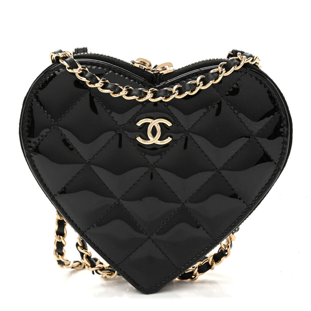 Patent Calfskin Resin Quilted CC Heart Clutch With Chain Black