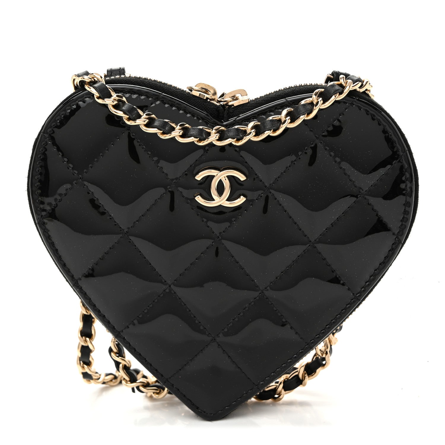 Patent Calfskin Resin Quilted CC Heart Clutch With Chain Black