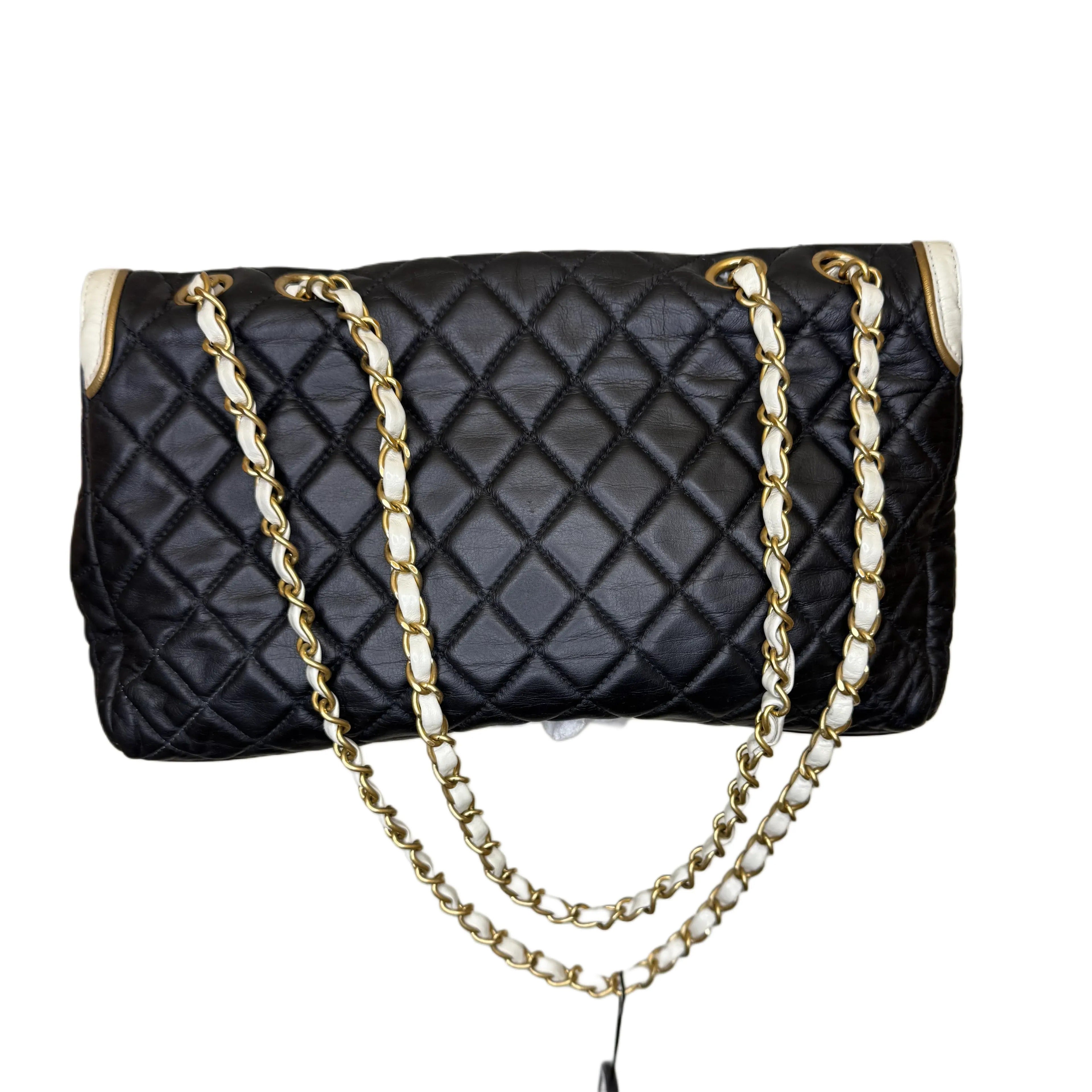 Chanel Glazed Calfskin 2.55 East West Mademoiselle Flap Black White B24-22