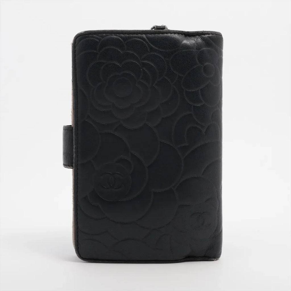 Chanel CC Logo Camelia Leather Compact Wallet Black