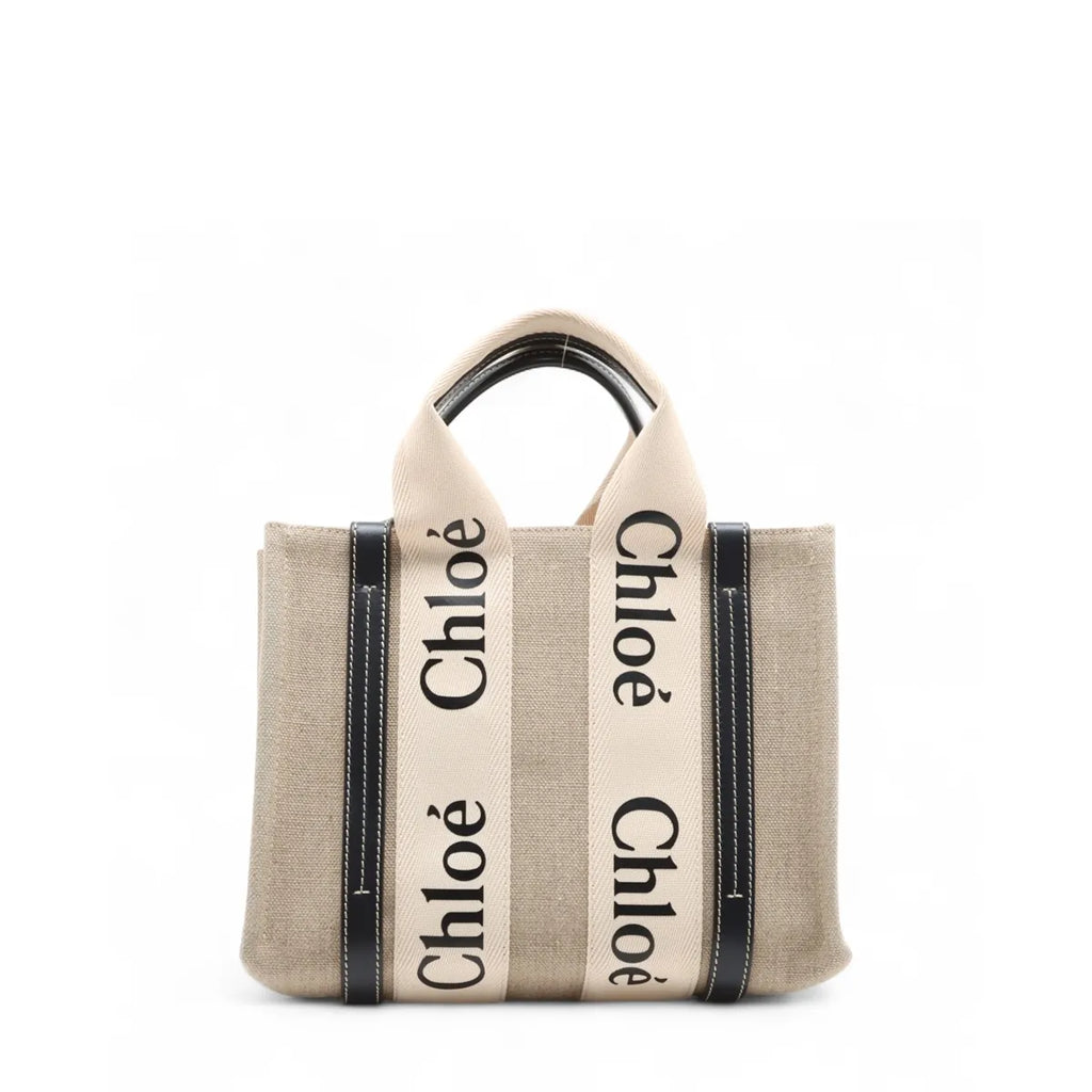 Chloe Woody Small Canvas Leather Two-Way Handbag Beige x Black