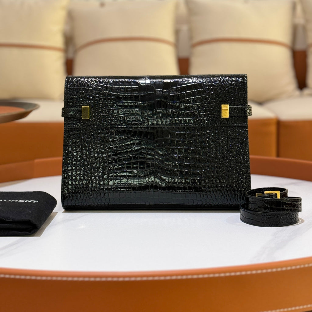 SAINT LAURENT MANHATTAN IN CROCODILE-EMBOSSED SHINY LEATHER BAG