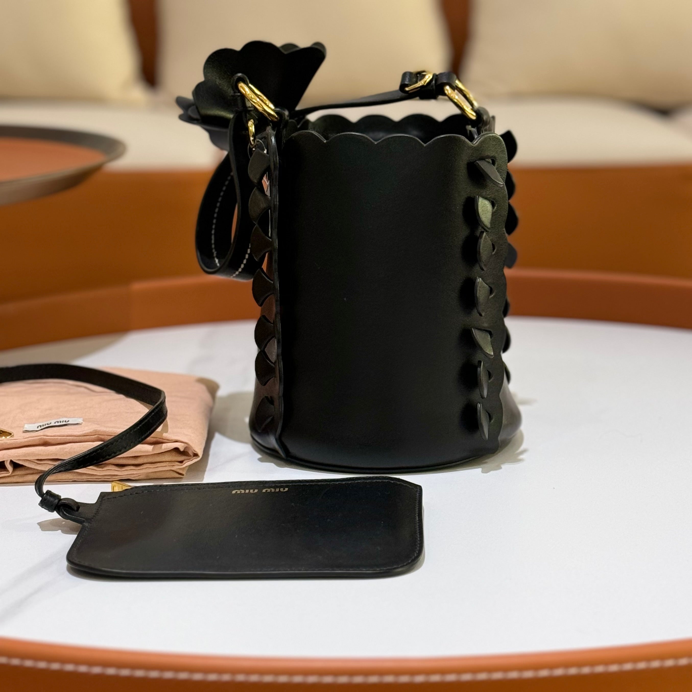 MIUMIU BLACK FLOWER BUCKET BAG