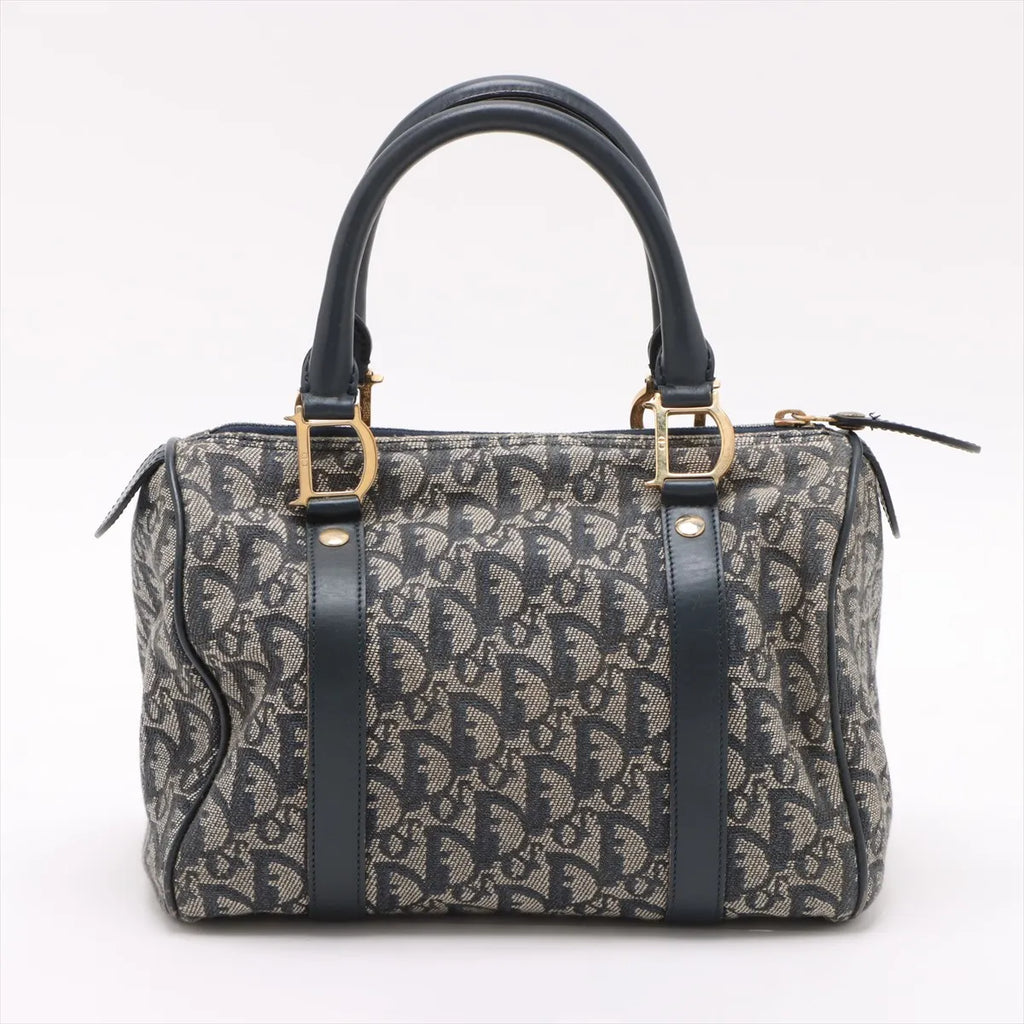Christian Dior Trotter Canvas Leather Handbag Gray x Navy