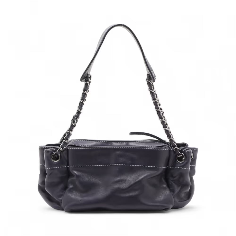 Chanel Logo Lambskin Chain Shoulder Bag Navy Blue
