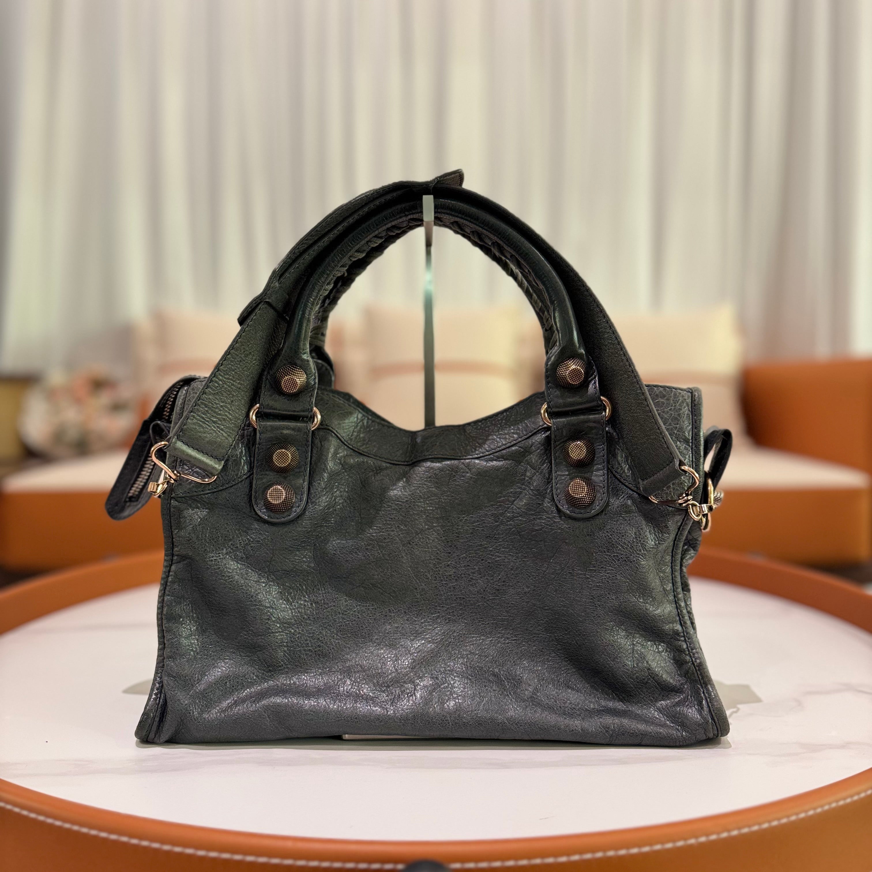 BALENCIAGA CITY BAG SMOKY GREY STUDDED MOTORCYCLE BAG