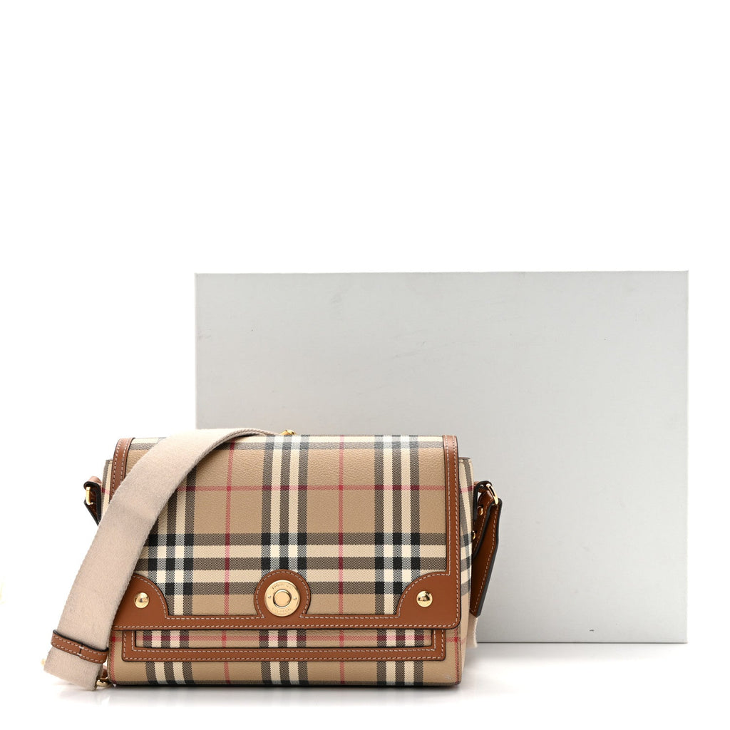 Coated Canvas Calfskin Vintage Check Medium Note Crossbody Bag Briar Brown
