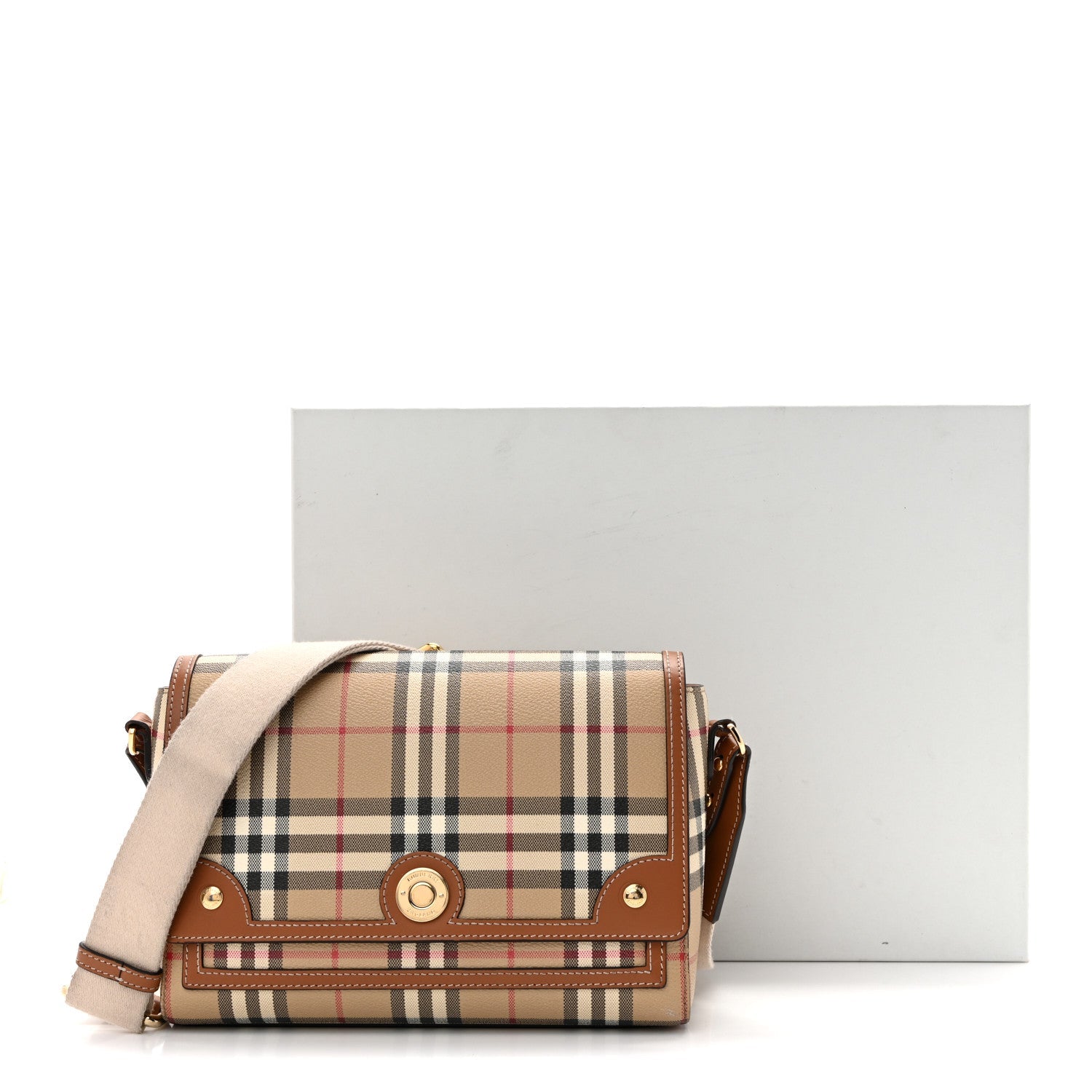 Coated Canvas Calfskin Vintage Check Medium Note Crossbody Bag Briar Brown