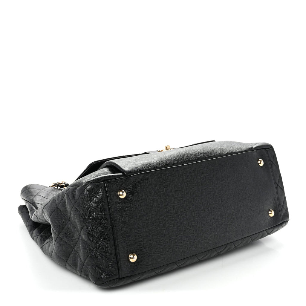 Caviar Quilted Large Flap Shopping Tote Black