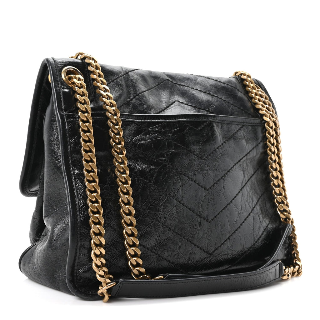 Crinkled Calfskin Matelasse Monogram Medium Niki Chain Satchel Black
