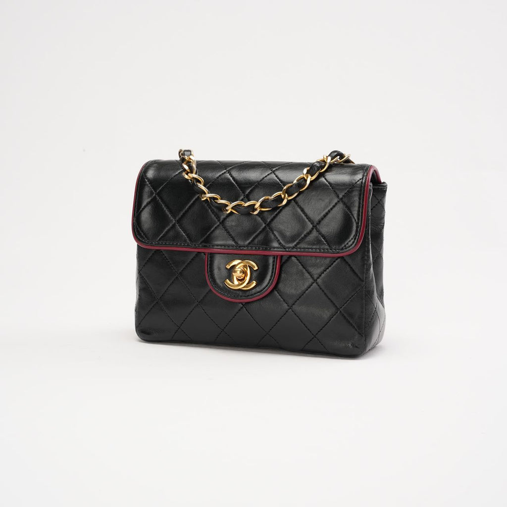 Chanel Vintage Mini Square Flap Bag Lamb Black Red 1991