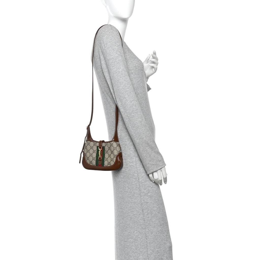 GG Supreme Monogram Azalea Calfskin Web Mini Jackie 1961 Hobo Beige Ebony Brown Sugar