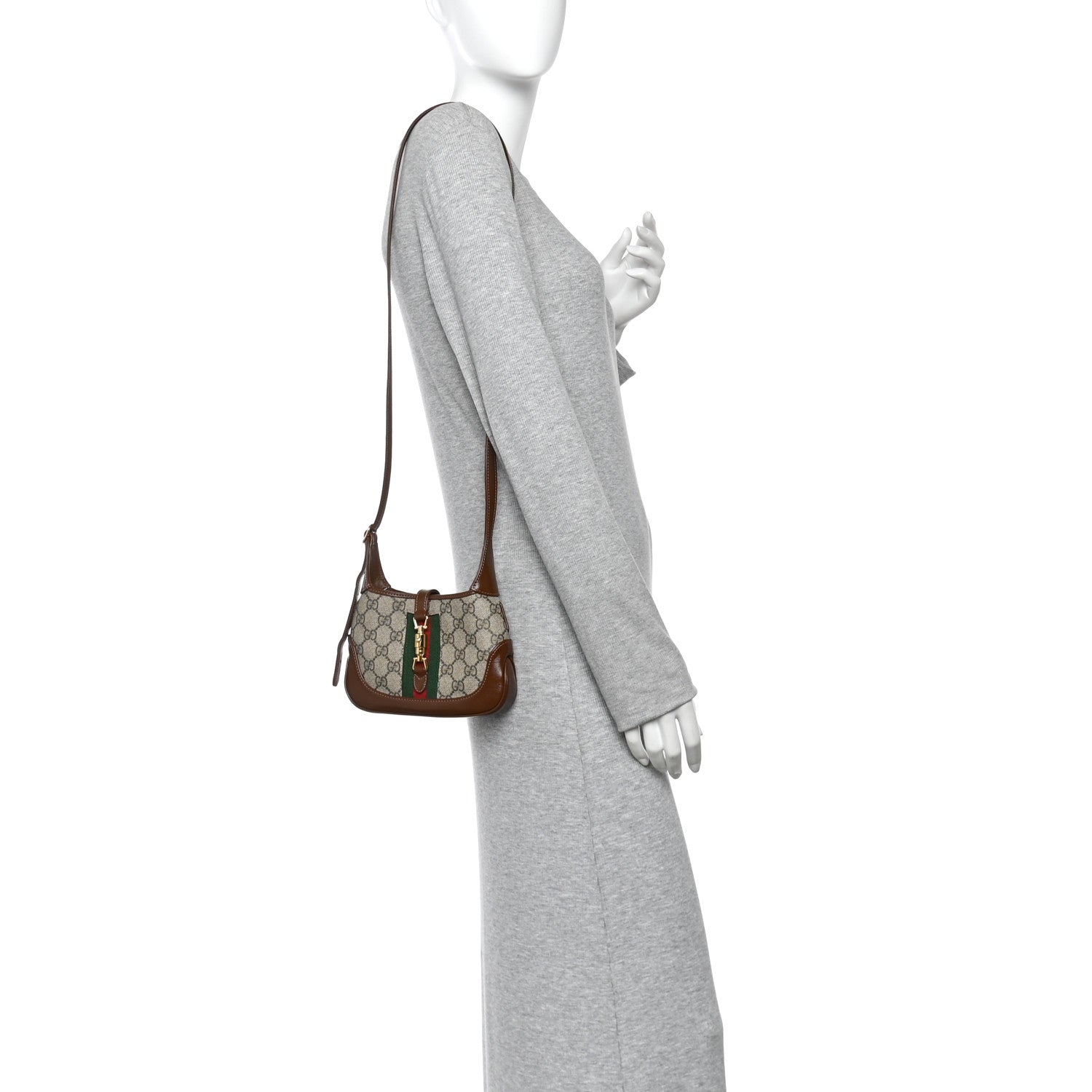 GG Supreme Monogram Azalea Calfskin Web Mini Jackie 1961 Hobo Beige Ebony Brown Sugar