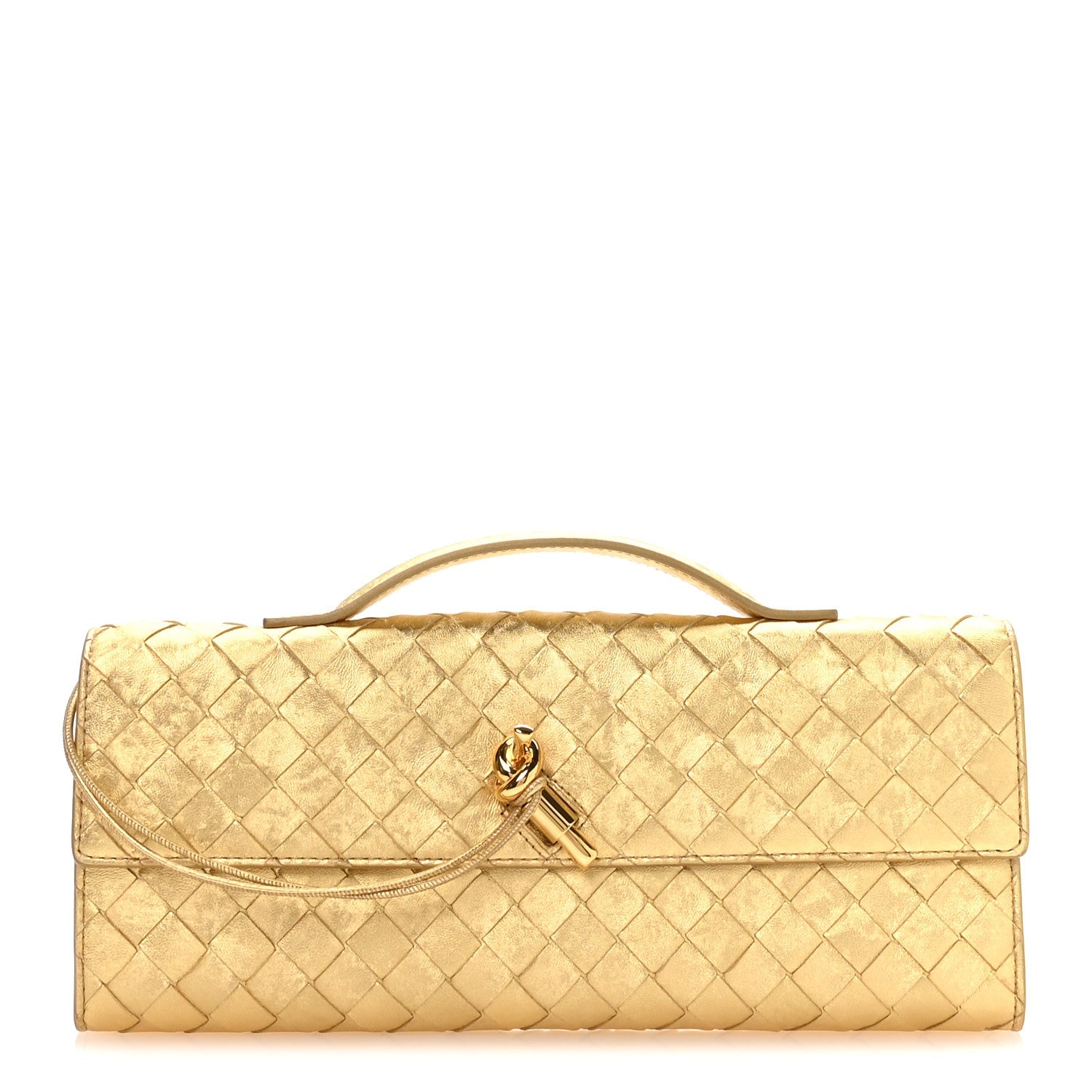 Metallic Satin Lambskin Intrecciato Long Andiamo Top Handle Clutch Gold