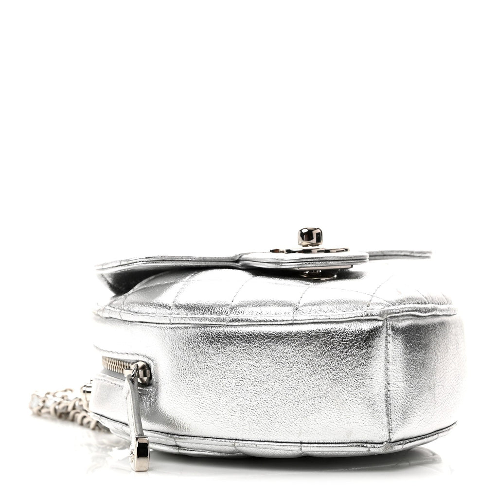 Metallic Lambskin Quilted CC In Love Heart Clutch With Chain Silver
