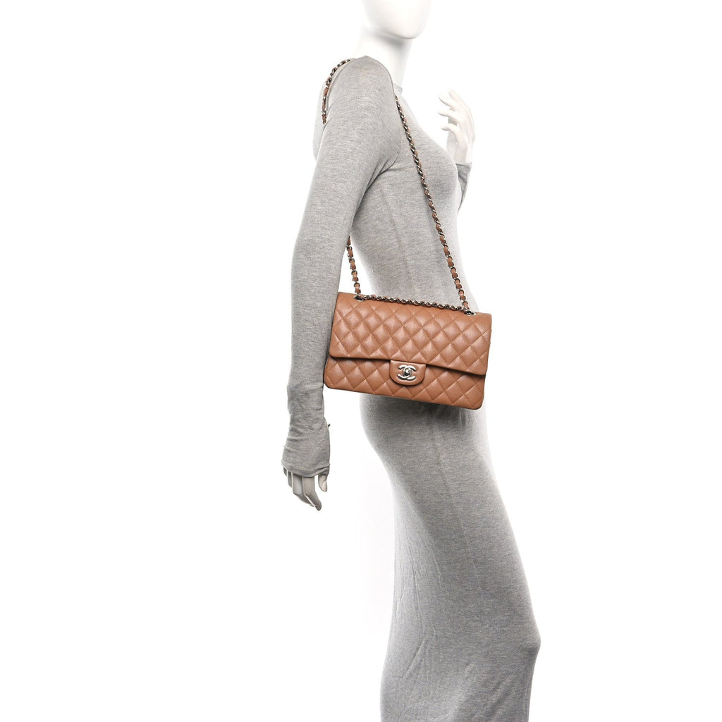 Caviar Quilted Medium Double Flap Light Brown