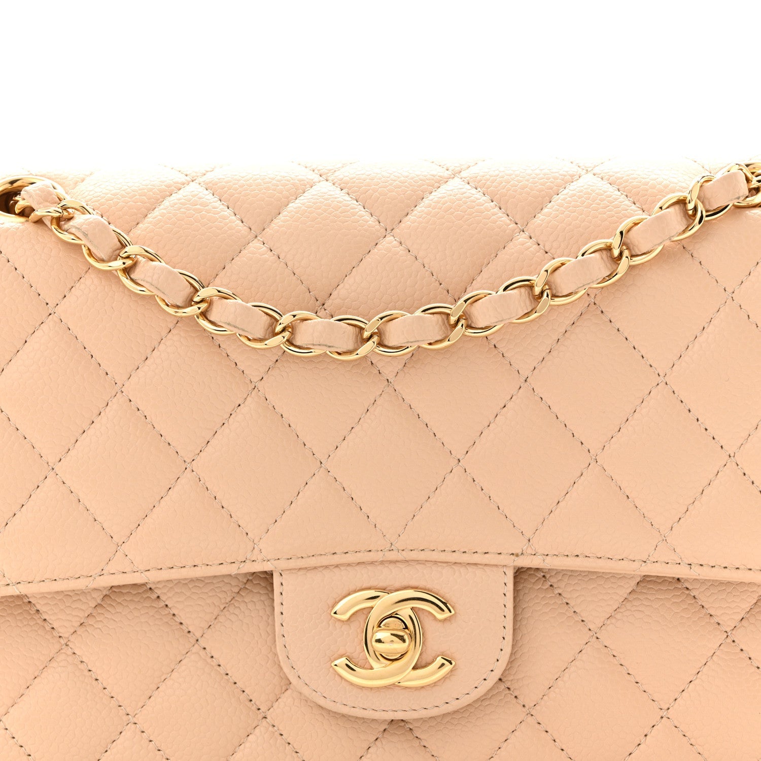 Caviar Quilted Medium Double Flap Beige