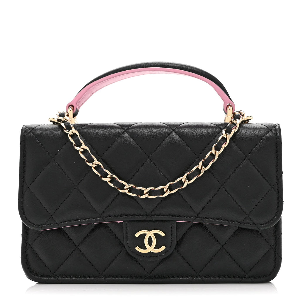 Lambskin Quilted Flap Phone Holder With Chain Black Lilac