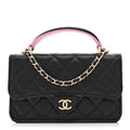 Lambskin Quilted Flap Phone Holder With Chain Black Lilac