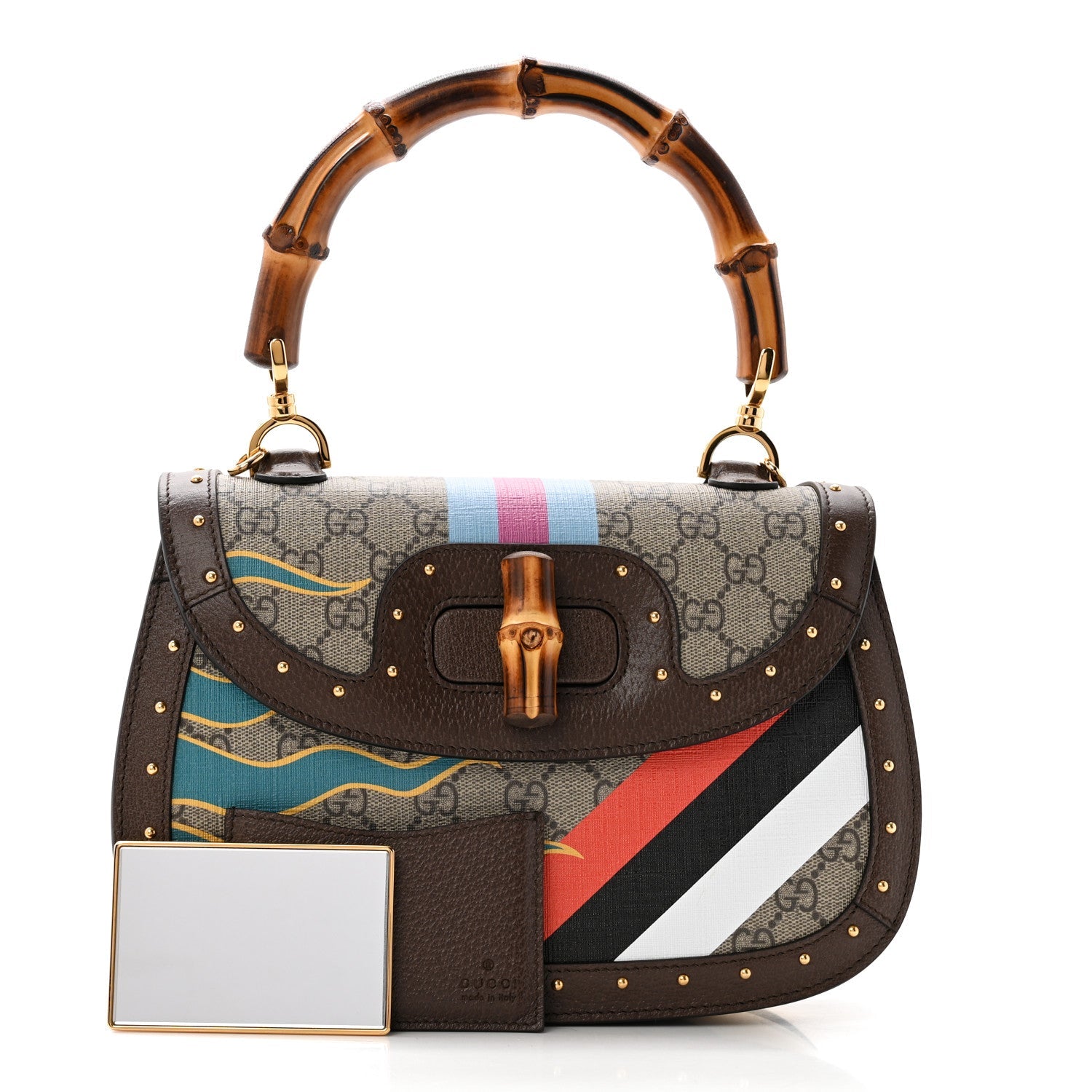 GG Supreme Monogram Studded Calfskin Centum Medium Bamboo 1947 Top Handle Bag Beige Ebony Multicolor