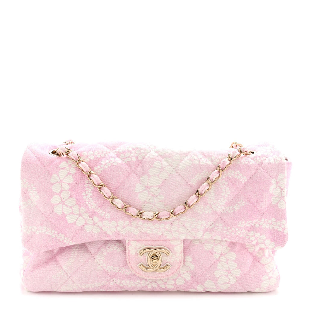 Printed Denim Quilted Medium Single Flap Bag Pink White Pink White
