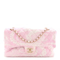 Printed Denim Quilted Medium Single Flap Bag Pink White Pink White