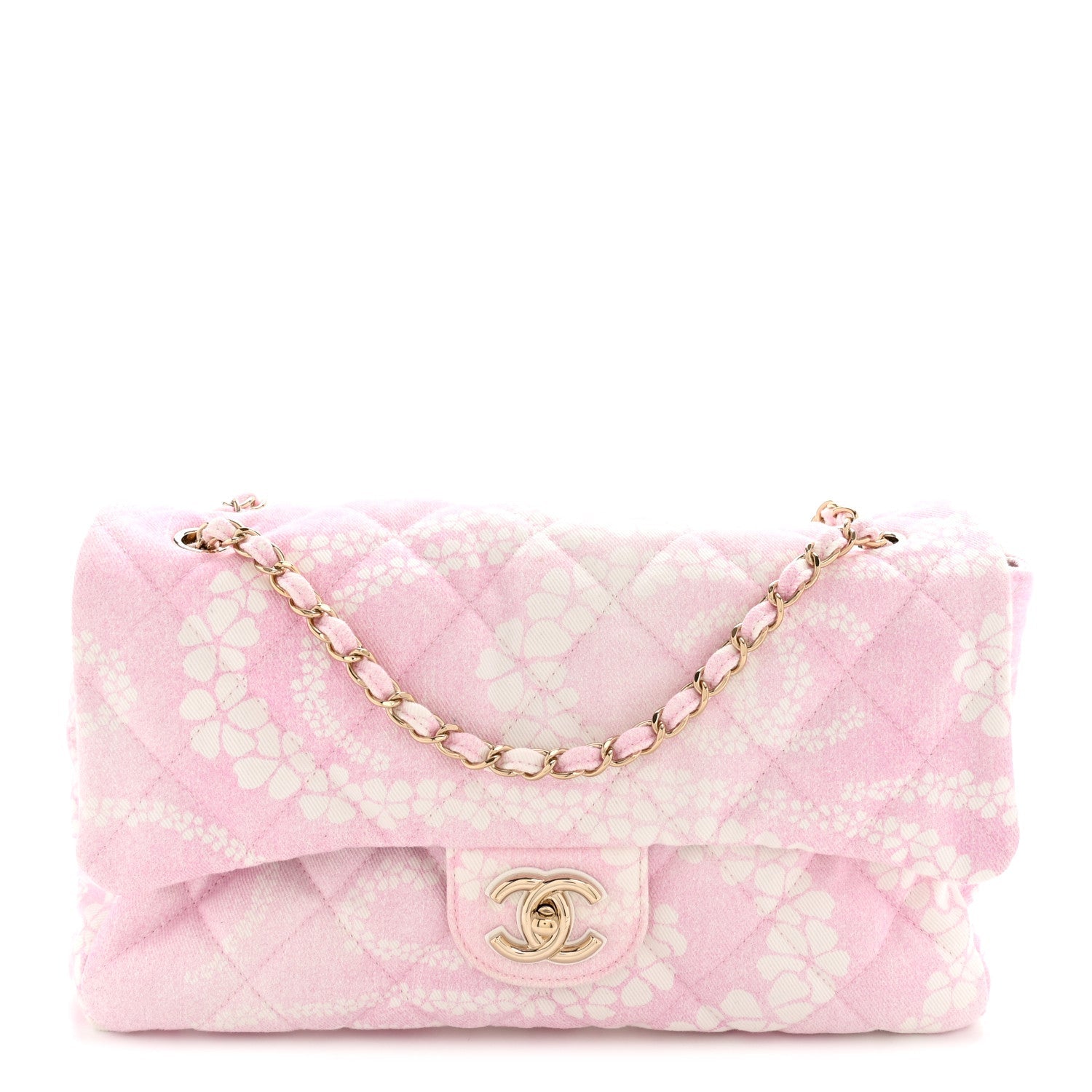 Printed Denim Quilted Medium Single Flap Bag Pink White Pink White