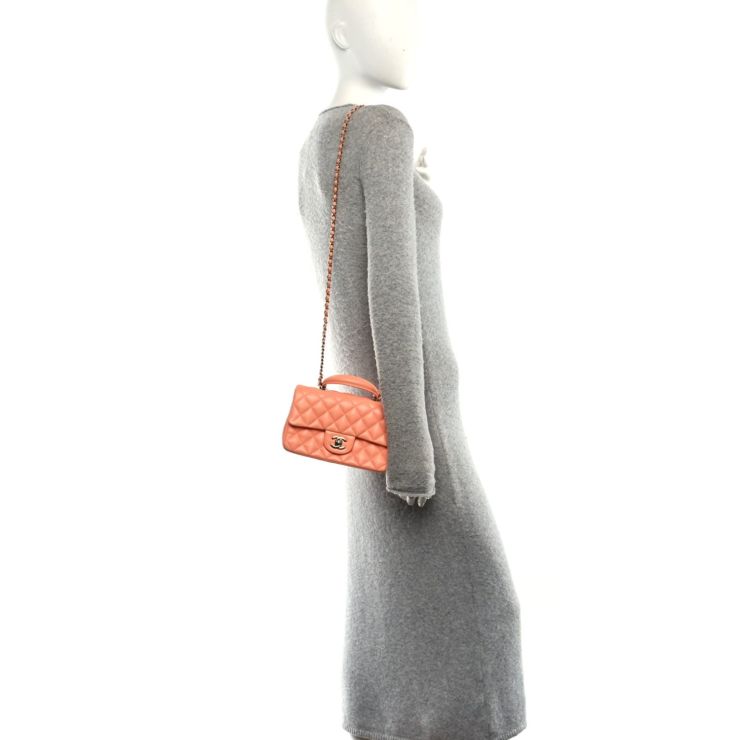 Lambskin Quilted Mini Top Handle Rectangular Flap Light Orange