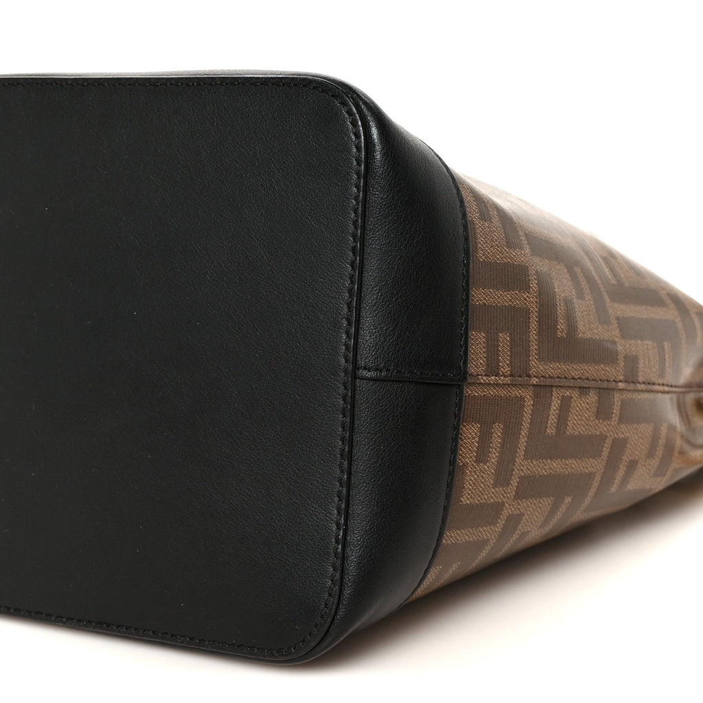 Glazed Fabric Vitello Grace F is Fendi FF 1974 Stamp Patch Grande Mon Tresor Bucket Bag Mogano Panna Black