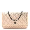 Metallic Lambskin Quilted Wallet On Chain WOC Gold Black