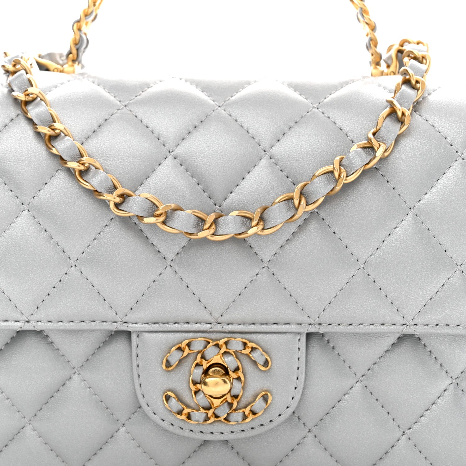 Metallic Lambskin Quilted Small Strass On Top Flap Silvery