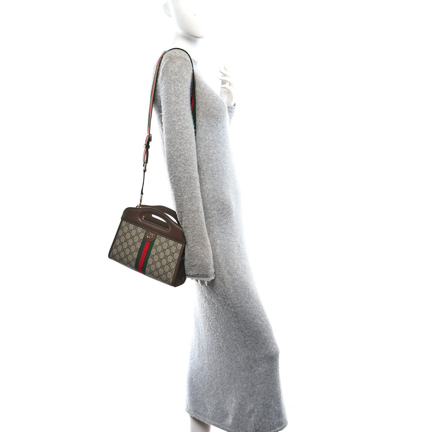 GG Supreme Monogram Textured Dollar Calfskin Web Small Ophidia Slip Handle Tote Beige Ebony New Acero