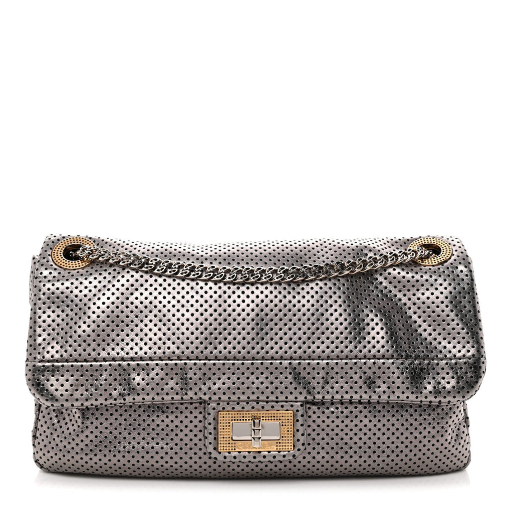 Metallic Crackled Calfskin Perforated Drill Flap Bronze